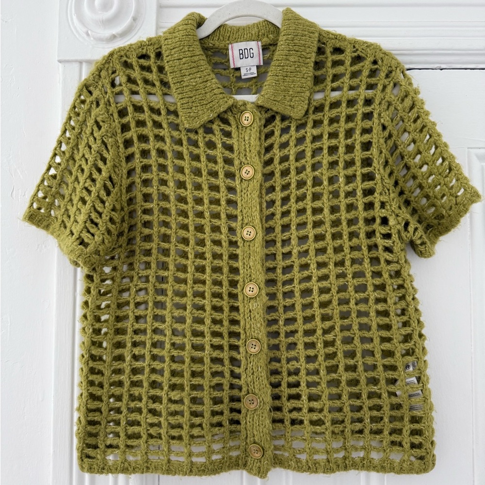 BDG For Urban Outfitters Open-Knit Short Sleeve Button Cardigan in Chartreuse - Picture 5 of 11